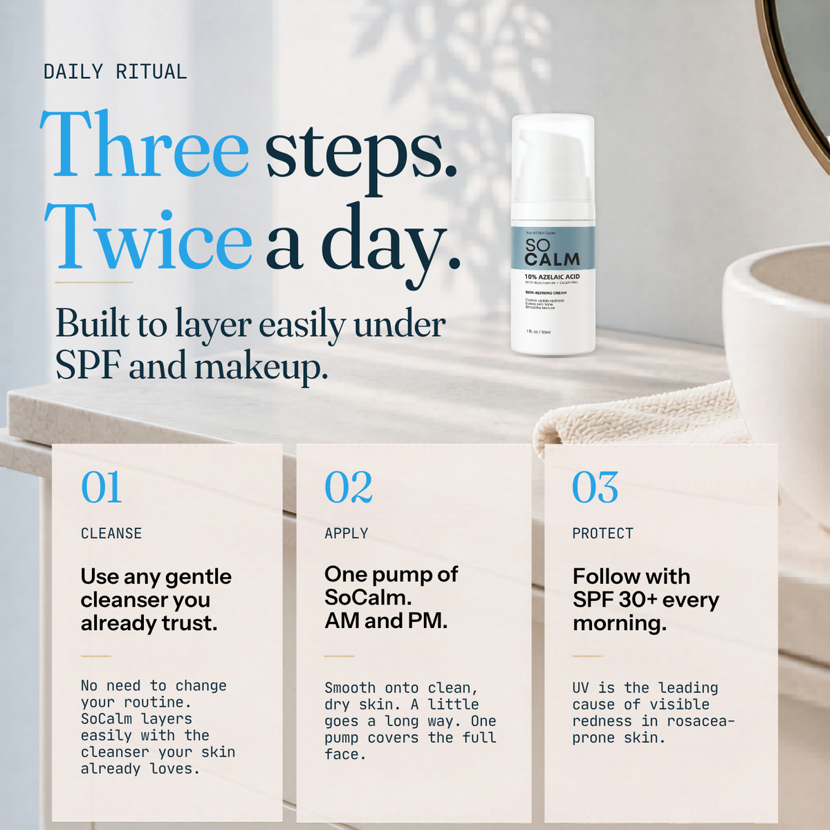 Three steps, twice a day, layers under SPF and makeup