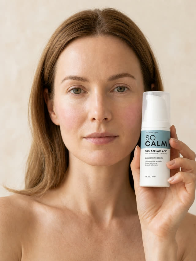 SoCalm Azelaic Acid 10% Cream held beside the face
